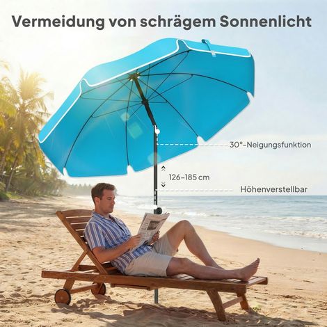 Parasol de plage 150 cm de diamètre, imperméable, repliable, avec piquet pour sable, inclinaison ajustable, housse de transport, bleu (1/4)