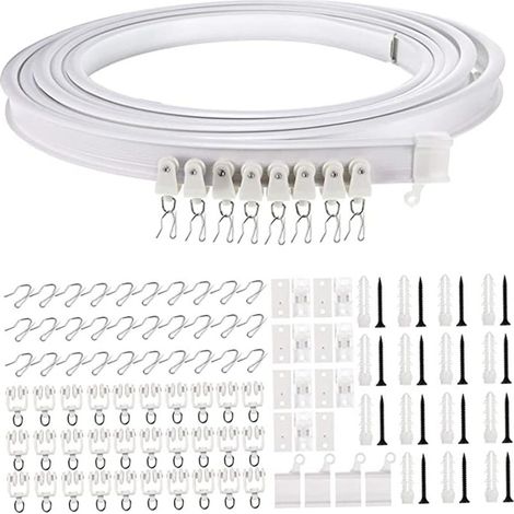 Kit de tringle à rideaux blanche de 5 mètres comprenant des clips en acier, des crochets, des poulies, des supports de fixation et des accessoires, disponible en gros.
