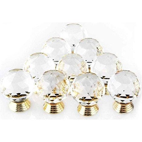 Lot de 10 Poignée Bouton de Porte forme Diamètre 30mm Cristal Or,Boutons d'armoire Mant Rond Verre Boutons Décoration pour Meuble Tiroir