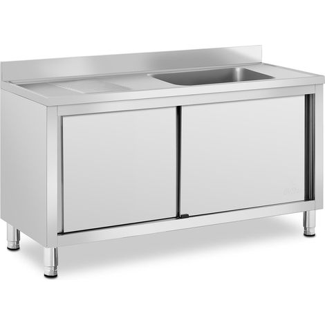 Plonge en inox professionnelle sur meuble bas armoire placard avec évier acier inoxydable (1 bac : 500 x 400 x 240 mm, hauteur du dosseret : 100 mm, pieds réglables) (1/5)