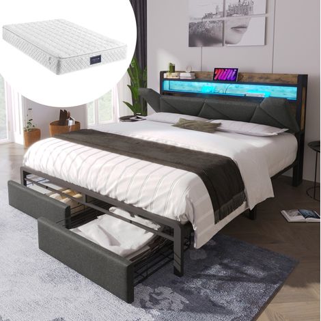 Lit double 160/200 cm gris en lin avec LED, rangements, ports USB-C et matelas (1/5)