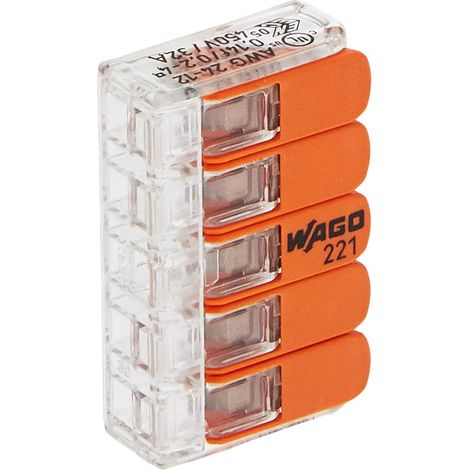 Kopp WAGO 33346428 - Morsetto a innesto 5 vie con Leva per Cavi flessibili riaperti: 5x0, 14-4 mm, 5x0.2-4 mm, 5xAWG24-12Cu, Contenuto 25 pezzi (1/4)