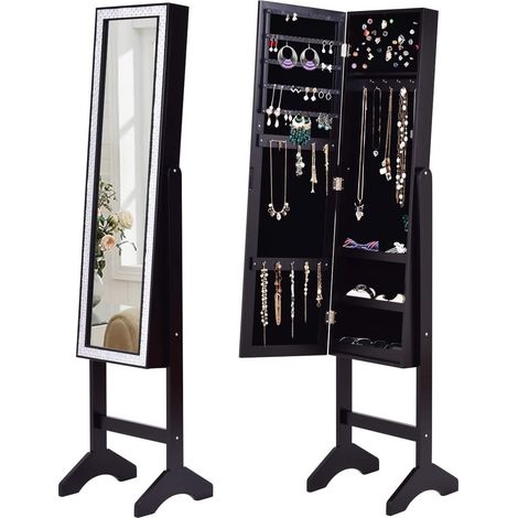GOPLUS Armoire à Bijoux sur Pied,Miroir Plein Longueur,Foret à Résine en Surface,Stockage des Bijoux,Flanelle Noire,Noir (1/5)