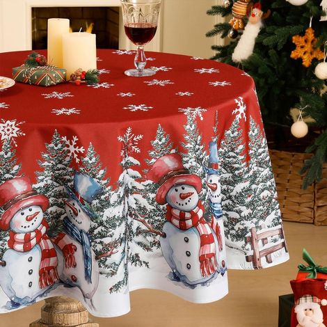 Runde Tischdecke Weihnachten 160 cm abwaschbar mit Schneemann-Motiv