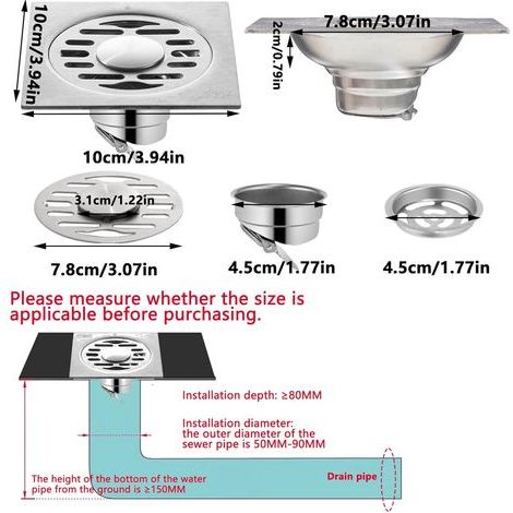 Drain De Plancher Carré Drain De Plancher De Bains 10 X 10 CM Drain De Douche Carré Acier Inoxydable Anti-Odeur Et Anti-Insectes pour Salle De Bain Cuisine Garage De Sol (10 X 10 CM) (1/4)