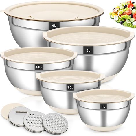 Set de 5 Saladier, Acier Inoxydable, Couvercle Hermétique, Râpeur, Base Antidérapante, Cuisine (1/5)