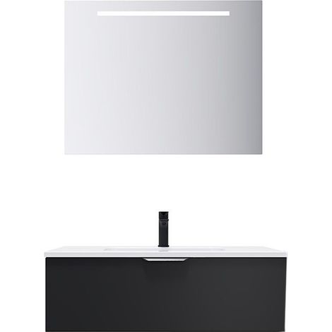 Meuble de salle de bain suspendu vasque intégrée 90cm 1 tiroir Noir + miroir - Soho (1/5)