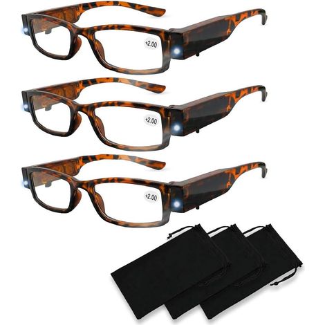3er-Pack Lesebrillen – Integriertes LED-Licht & Vergrößerungsglas – Für Damen und Herren – Klare Sicht beim Lesen – 200 % – Farbmuster (1/5)