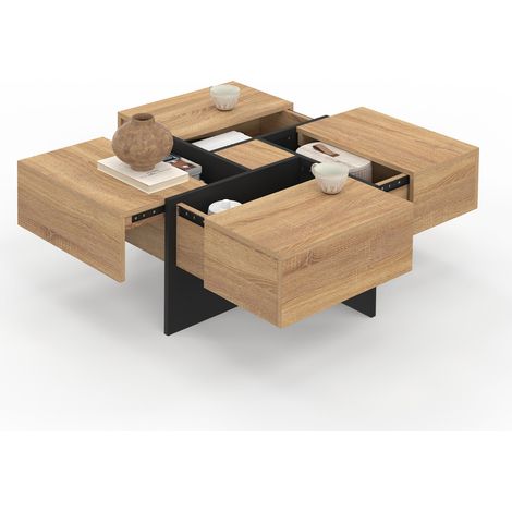 Quadratischer Couchtisch TALIA mit Schubladen aus Holz und Schwarz (1/5)