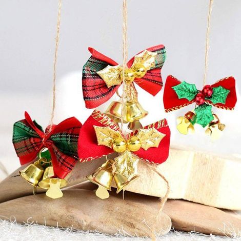 Lot De 20 Mini Nœuds De Noël 5x5 cm Avec Cloches Dorées, Décoration Sapin Couronne Diy, Rouge Or (1/4)