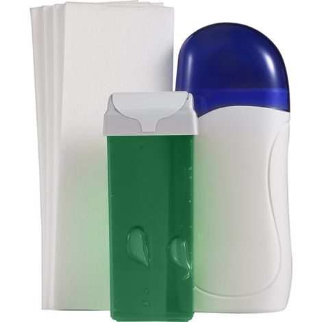 Kit d'épilation professionnelle comprenant un chauffe-cire, des cartouches de cire, des feuilles dépilatoires, un épilateur, une prise européenne 220 V et un parfum d'aloe vera. (1/5)