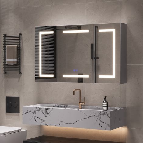 Armoire de toilette, avec LED miroir, 9 Étagères Réglable, 3 portes, Prise électrique intégrée, Armoire de salle de bain, Blanc