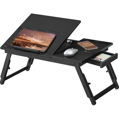 Table de Lit Pliable, pour Petit-Déjeuner, Pieds en Bambou, Angle et Hauteur Réglables, avec Tiroir, 55,5 x 34,9 cm, pour Ordinateur Portable Jusqu’à 15,6 Pouces, Noir Boisé (1/5)