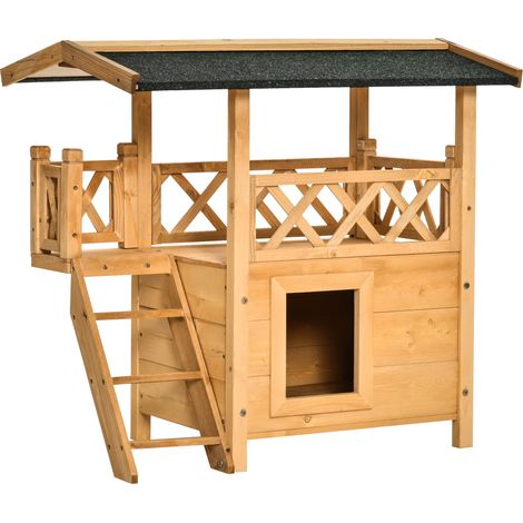 Pawhut – Niche villa pour chien chat avec terrasse – Toit bitumé étanche – Bois massif de pin pré-huilé – Dim. 77L x 50l x 73H cm
