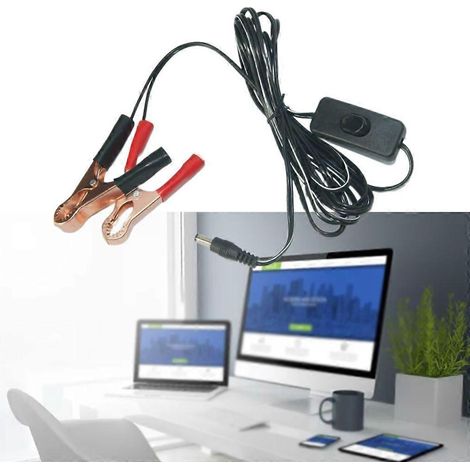 Câble d'alimentation pour ventilateur de refroidissement avec 2 pinces crocodiles et connecteur mâle 5,5 x 2,1 mm (1/4)