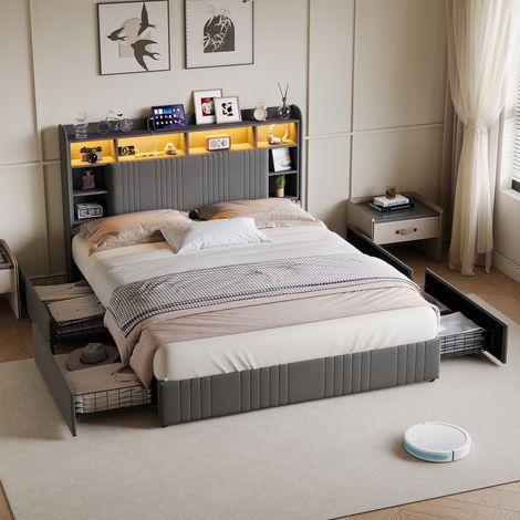 Lit 160 x 200cm, LED USB Lit Double, Tête de Lit avec Rangement, Lit Coffre 4 Tiroirs, Applicable Gagnez Place et Créez Ambiance Lchambre (1/5)