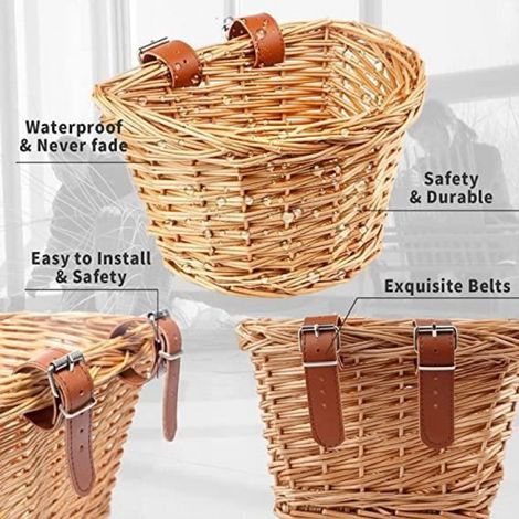 Panier à Vélo - Enfant - Osier Naturel - Sangles en Cuir PU - Imperméable - Marron (1/4)