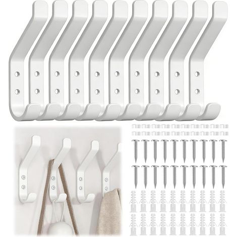 10 Porte Manteau Mural Blanc, Crochet Double Porte Manteau Mural sans Percage, Crochet Mural Vis Invisibles pour Panneaux Acoustiques, Crochet Porte Manteau sur Entrée, Chambre (1/5)