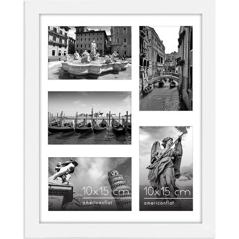 Cadre Photo 10x15 cm Blanc - Cadre Pêle-Mêle 28x36 cm sans Passe-Partout ou avec Passe-Partout pour Cinq Photos 15x10 cm avec Verre Résistant aux Chocs (1/5)