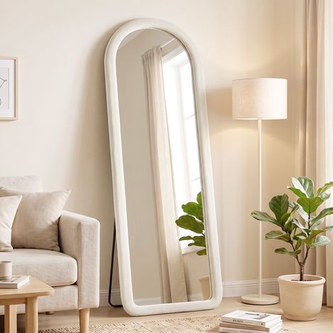 Miroir de Sol Arqué Pleine Longueur 160x60cm, Grand Miroir sur Pied ou Mural, Cadre Effet Velours, Verre Trempé, Crème (1/5)