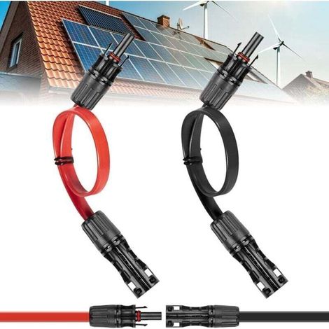 Câble Plat de Panneau Solaire 4mm², 1 Paire Câble Solaire d'Extension, Rallonge Solaire Photovoltaïque Très Flexible avec Connecteur et Accouplement, Connecteur étanche IP67 (Rouge/Noir) (1/4)