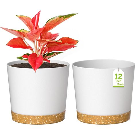Pots de Fleurs de 30cm, Jardinières Modernes avec Trous de Drainage et Soucoupe Détachable, Pots de Fleurs en Plastique pour Plantes d'Intérieur et de Jardin (Blanc) (1/5)
