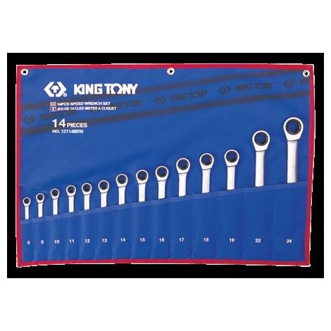 Trousse de 14 clés mixtes à cliquet 8-24mm – Angle de reprise 5° – Système Speed Wrench pour zones confinées – Finition chromée polie – King Tony