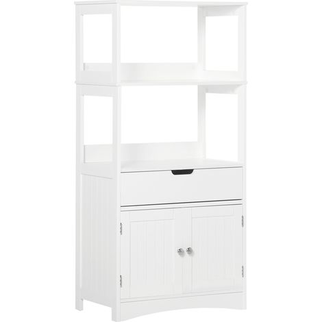 Badezimmerschrank mit zwei Türen, Schublade und Regalböden – Weiße Aufbewahrungstruhe 60 x 33 x 122 cm – Badezimmermöbel aus MDF
