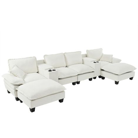 Canapé nuage modulable, style voilier, en U avec 2 consoles de rangement centrales et porte-gobelets, port USB, 2 ottomans et 2 coussins, revêtement en chenille pour appartements et salons, beige (1/5)