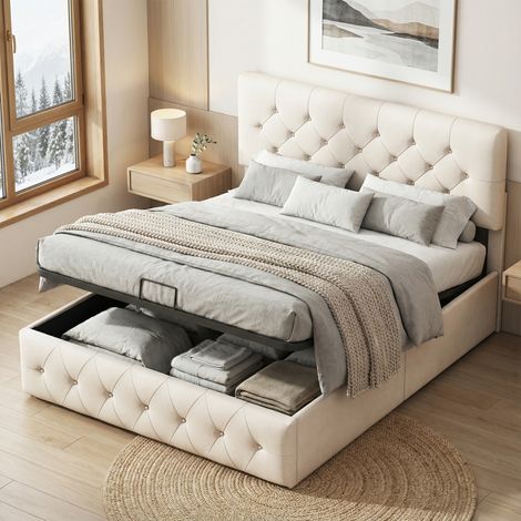 Letto Contenitore 140x200, Letti per adulti in Velluto, Letto Matrimoniale in Design Capitonné con Testiera Regolabile in Altezza, con rete a doghe e struttura del letto(140x200cm, Beige)