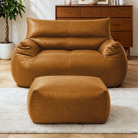 Fauteuil Poire Double avec Ottoman en Tissu Technique Marron - Canapé Poire Grand Format pour Adultes, Ados et Enfants (1/5)