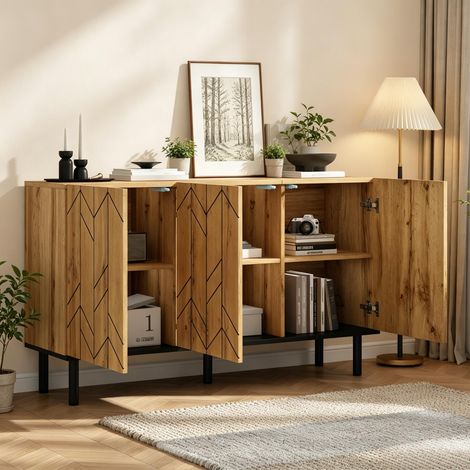 Buffet bas de salon, 120x35x70 cm, Meuble de rangement commode avec 3 portes, Design chic motif vagues bois et métal, Bois naturel (1/5)