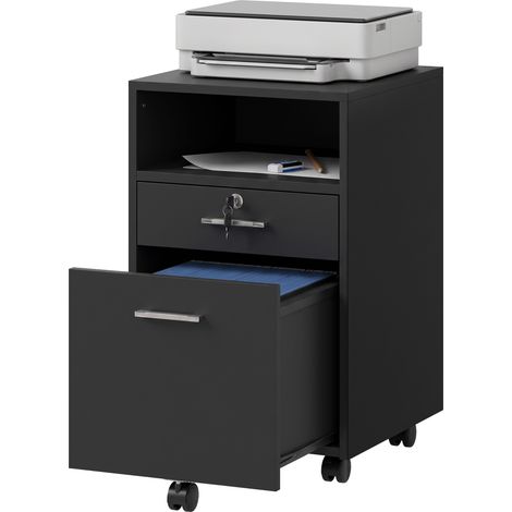 Armoire de bureau avec caisson à roulettes, 2 tiroirs, dont un verrouillable, 5 roulettes, noire, 40 x 40 x 65 cm (1/5)