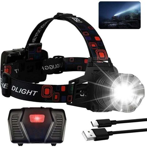 Lampe Frontale LED USB-C Rechargeable, 3 Modes Lampe Frontale avec Capteur, Batterie 2400mAh Zoom IP65 Étanche Angle de 90 ° Réglable pour Camping en Extérieur [Classe énergétique A+++]