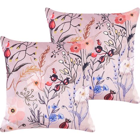 Conjunto de 2 cojines de terciopelo rosa violeta blanco 45 x 45 cm floral Anemones (1/5)