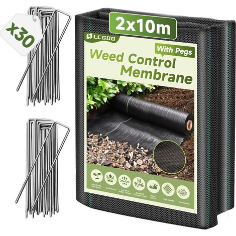 Toile de Paillage 2x10m Géotextile Tissé 100g/m² avec 30 Piquets Anti-Mauvaises Herbes, Perméable à l'Eau, Résiste aux Rayons UV, Anti-Repousse pour Allées et Terrasses (1/5)