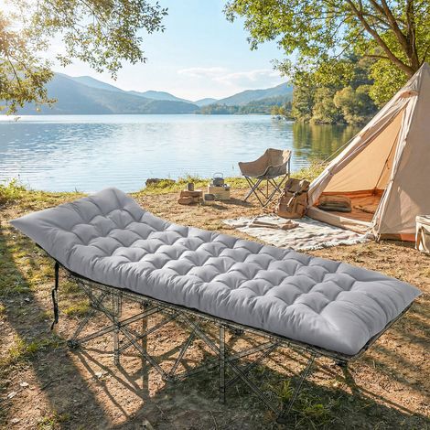 Colchoneta plegable para camping, de 7,6 cm de grosor, con cuatro correas elásticas en las esquinas, color gris claro.