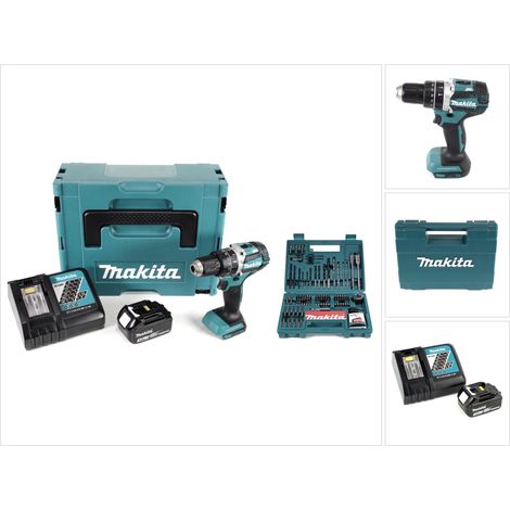 Makita DHP 484 RF1J Trapano avvitatore con percussione a batteria 18V in valigetta Makpac + 1x Batteria BL 1830 3,0 Ah + Caricabatterie DC18RC + 1x Set Makita B-53811 di 100 punte per trapano (1/5)