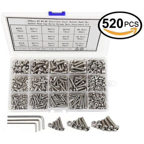 Vis et Ecrou M3/M4/M5 520PCS Kit Assortiment Vis Boulons Vis à Tête Cylindrique à Six Pans Creux Jeu de en Acier Inoxydable 304 avec écrous Rondelles (1/4)