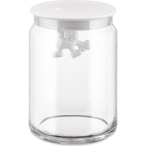 Alessi AMDR05 W Gianni a Little Man Holding On Tight Barattolo Ermetico in Vetro con Coperchio in Resina Termoplastica, Bianco, 90 cl (1/5)