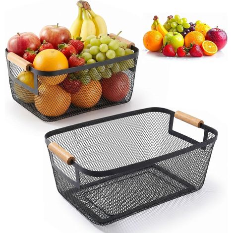 lot de 2 Panier Metal Panier De Rangement Cuisine Avec Poignées en Bois, Multifonctionnels Paniers Métalliques Pour Cuisine Garde-Manger (1/5)