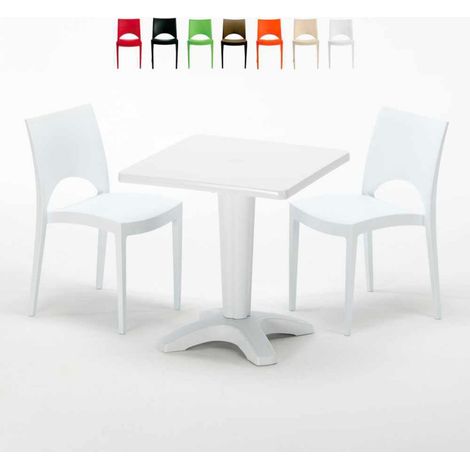 Table Carrée Blanche 70x70cm Avec 2 Chaises Colorées Grand Soleil Set Bar Café Paris Patio - Blanc (1/5)