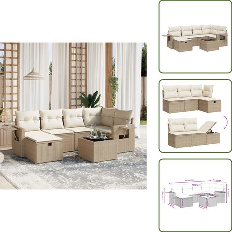 The Living Store 7-tlg. Garten-Sofagarnitur mit Kissen Beige Poly Rattan - Gartenmöbel Set - PE-Rattan Gartenmöbel - Outdoor Lounge Set - Esstisch Set - Gartenlounge (1/5)