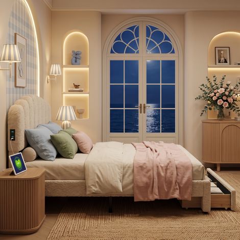 Lit Double scandinave 160x200 cm avec tiroirs – Tête de lit réglable en hauteur – Sommier à lattes – Velours Beige (1/5)