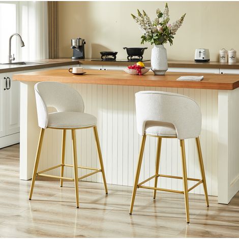 Tabouret de bar en métal doré et tissu chenille beige, dossier ajouré, avec repose-pieds,56×53×92cm (1/5)