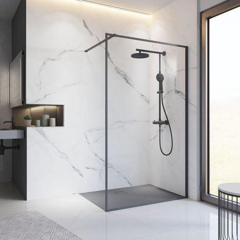 Schulte – Paroi de douche 100 x 200 cm Walk In – Verre 6 mm anticalcaire – Profilé noir – Installation facile sans receveur