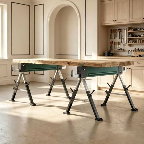Lot de 2 tréteaux de sciage pliants en métal vert, réglables de 64 à 81 cm, charge maximale 1160 kg, avec poignée de transport et pieds antidérapants  CHICFURN (1/5)