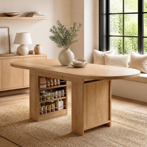 Mesa de comedor extensible 200x90x76 cm, con almacenamiento abierto, tablero de 2.4 cm, MDF, color roble (1/5)