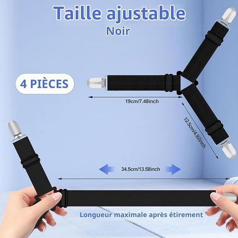 Tendeur Drap Housse, Noir Attache Drap Housse, ttache Sangle de Maintien Ajustable avec Pinces Métalliques, Tendeurs De Drap pour Drap Lit, Canapé, Housse de Repassage (1/4)