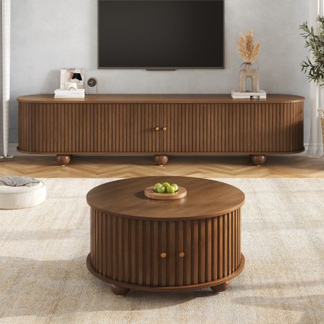 Ensemble Meuble TV 180x35x45 cm et Table Basse Ronde 72x72x38 cm avec Portes Coulissantes, Relief Vertical, MDF, Noyer (1/5)